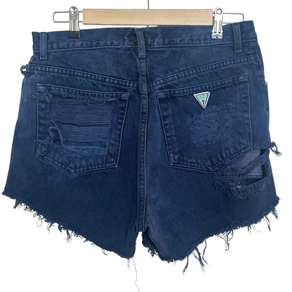 Vintage GUESS Blue High Rise Raw Hem Jean Shorts Size 33 Made in USA 100% Cotton - Picture 2 of 7
